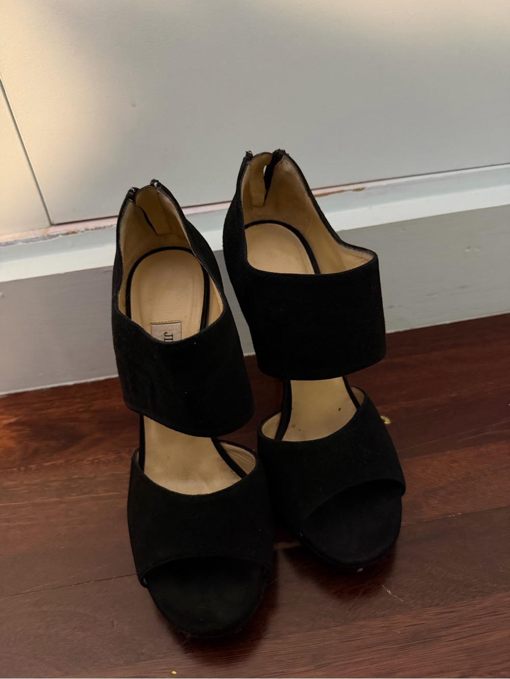 Jimmy Choo Black Suede Wide-Strap Block Heel Sandals